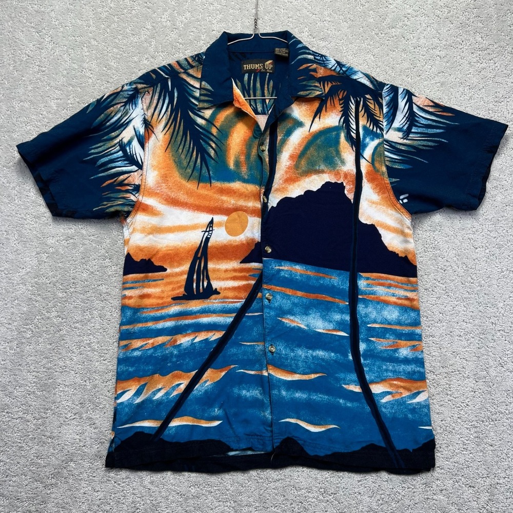 VINTAGE Thums‎ Up Hawaiin Shirt Mens Small Blue Rayon Sunset Sailboat Tropical